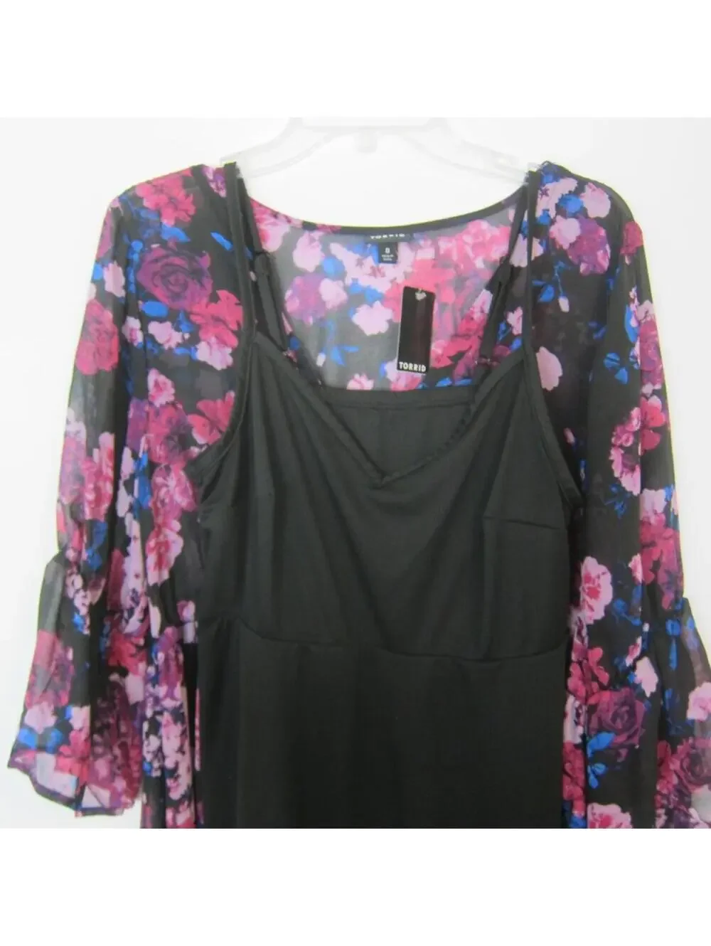 Torrid Maxi Dress 0 Large 12 Pink Purple Blue Floral Chiffon & Black Slip NEW - Picture 9 of 15